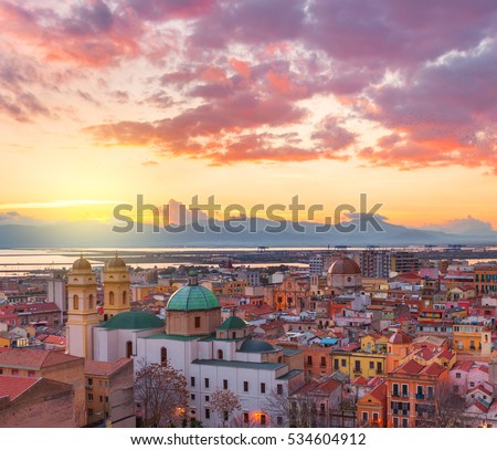 Cagliari skyline during the sunset, evening panorama of Sardinia capital, Italy