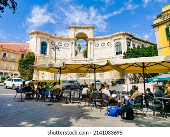 Cagliari,Sardinia,Italy 09 September 2021:View Of The Sant Remy Bastion With People Sitting At The Bar Tables