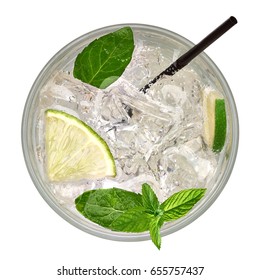 Caipirinha, Mojito cocktail from top, vodka or soda drink with lime, mint and straw isolated on white background including clipping path. From top view.