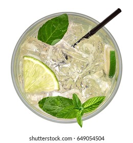 Caipirinha, Mojito Cocktail, Vodka Or Soda Drink With Lime, Mint And Straw Isolated On White Background Including Clipping Path. From Top View