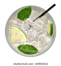 Caipirinha, Mojito Cocktail, Vodka Or Soda Drink With Lime, Mint And Straw Isolated On White Background Including Clipping Path. From Top View