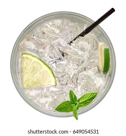 Caipirinha, Mojito Cocktail, Vodka Or Soda Drink With Lime, Mint And Straw Isolated On White Background From Top View Including Clipping Path.