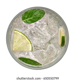 Caipirinha, Mojito Cocktail, Vodka Or Soda Drink With Lime, Mint Isolated On White Background Including Clipping Path. From Top View.