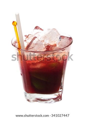 Caipirinha-like cocktail with straweberries. Isolated on white background
