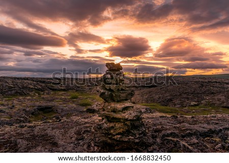 Cairn in a lava field near Myvatn Lake in north Iceland