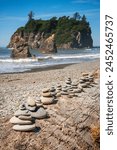 Cairn of rocks stacked on Ruby Beach on the Olympic Peninsula in the Olympic National Park in Washington State, USA