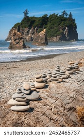 Cairn of rocks stacked on Ruby Beach on the Olympic Peninsula in the Olympic National Park in Washington State, USA