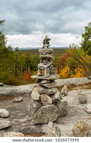Cairn topped with a painted rock turtle guides hikers among the fall foliage of Pisgah State Park
