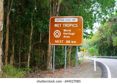 CAIRNS, AUSTRALIA -4 AUG 2017- View Of A Road Sign For The James Cook Highway Going Through The Wet Tropics, A UNESCO World Heritage Site, Near Cairns In Queensland, Australia.