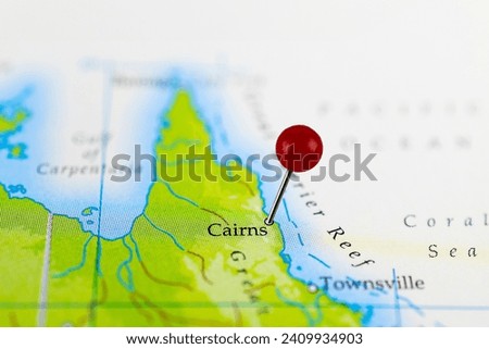 Cairns, Australia. Close-up of Cairns map with red pin on the map of Australia.