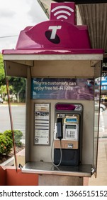 Cairns, Australia - February 17, 2019: Closeup Of Telstra Public Payphone With Free Wifi Hotspot On Abbott Street. 