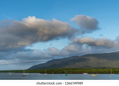 Cairns, Australia - February 18, 2019: Evening Shot At Sunset. Anchored Small Sailing Boats On 