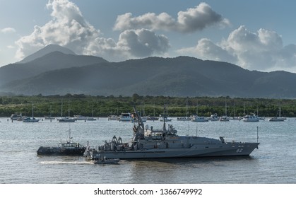 Cairns, Australia - February 18, 2019: Wollongong Australian Navy Vessels Sails Up The 