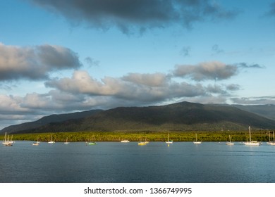 Cairns, Australia - February 18, 2019: Evening Shot At Sunset. Anchored White Small Sailing Boats On 