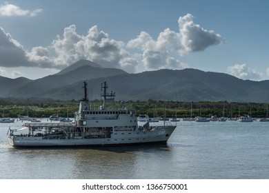 Cairns, Australia - February 18, 2019: Melville Australian Navy Vessel Sails Up The 