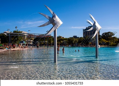 CAIRNS, NORTH QUEENSLAND, AUSTRALIA - 19 AUGUST 2011: The Wadding Lagoon And Fish Sculptures Of The Beautiful, Family Friendly, Cairns Foreshore Basking In The Warm, Afternoon Sun.