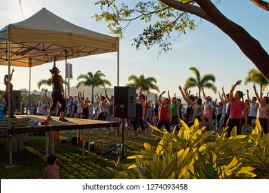 CAIRNS, QUEENSLAND, AUSTRALIA - 19 AUGUST 2011: Free Outdoor Aerobics Class On The Cairns Foreshore At Sunset Attracts Locals And Tourists Alike.