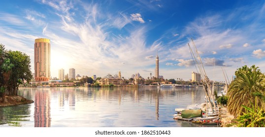 Cairo city on the bank of the great Nile near the Gezira island, Egypt