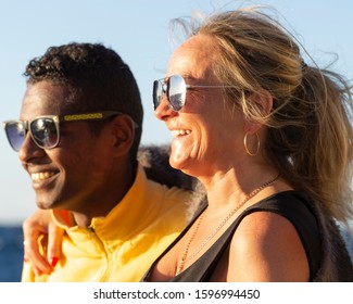 Cairo, Egypt - 12.08.2019. Adult Woman With A Young Boyfriend. Close Interracial Relationship. Adultery. Couple With Age Difference.