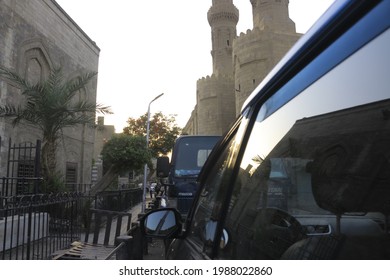 Cairo, egypt, 6 June 2021. row of vehicles on the road egypt zuweila chapter area. By showing the beauty of ancient buildings that are still strong today.