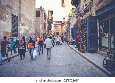 Cairo, Egypt, April 15, 2017: People Walking In Muizz Street