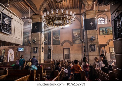 CAIRO, EGYPT - April 2018: Coptic Orthodox Church At Old Cairo Area. People Inside The Church At Evening Prayer, Cairo, Egypt