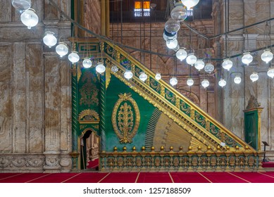 Cairo, Egypt - December 2 2018: Decorated Alabaster (marble) Wall With Green Wooden Platform (Minbar) At The Great Mosque Of Muhammad Ali Pasha (Alabaster Mosque), Situated In The Citadel Of Cairo