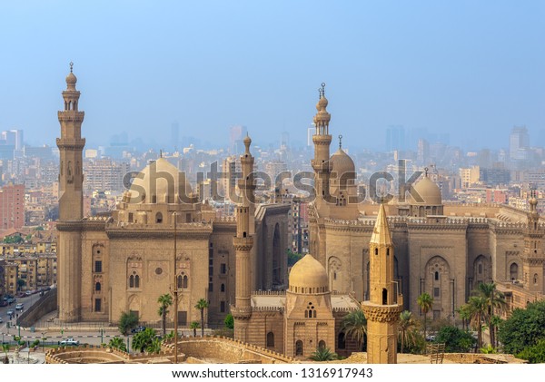 Cairo, Egypt - December 2 2018: Aerial view of Cairo city from Salah Al Deen Citadel (Cairo Citadel) with Al Sultan Hassan and Al Rifai Mosques, Cairo, Egypt