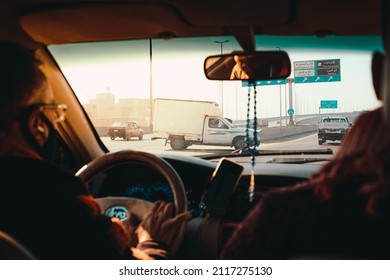 Cairo Egypt December 2021 View From Inside A Taxi On A Highway In Cairo. Car Stopped In The Middle Of The Road Trying To Merge. Unsafe Traffic Violations