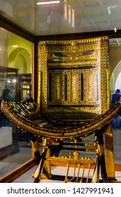 Cairo, Egypt - December 8, 2018: Ceremonial Chair Of Tutankhamun In Museum Of Egyptian Antiquities (known Commonly As The Egyptian Museum Or Museum Of Cairo)