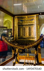 Cairo, Egypt - December 8, 2018: Ceremonial Chair Of Tutankhamun In Museum Of Egyptian Antiquities (known Commonly As The Egyptian Museum Or Museum Of Cairo)