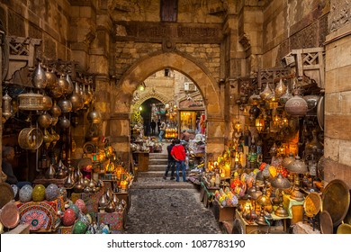 Cairo, Egypt - Feb 19 2018: Lamp or Lantern Shop in the Khan El Khalili market in Islamic Cairo
