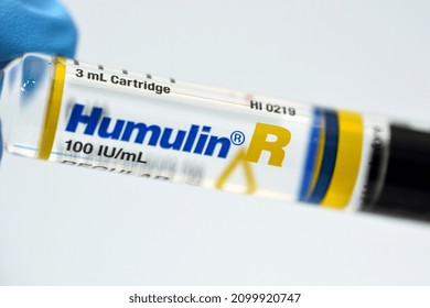 Cairo, Egypt, January 2 2022, Humulin R Human Insulin RDNA 100 IU Solution For Subcutaneous Or Intravenous Injection In Cartridge Used In Diabetic Patients, Regular Insulin (human Recombinant)