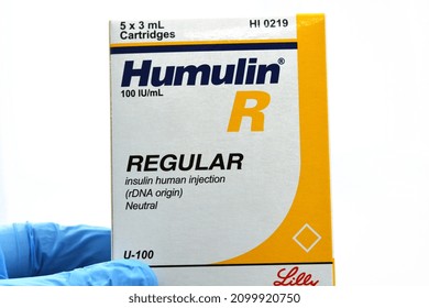 Cairo, Egypt, January 2 2022, Humulin R Human Insulin RDNA 100 IU Solution For Subcutaneous Or Intravenous Injection In Cartridge Used In Diabetic Patients, Regular Insulin (human Recombinant)