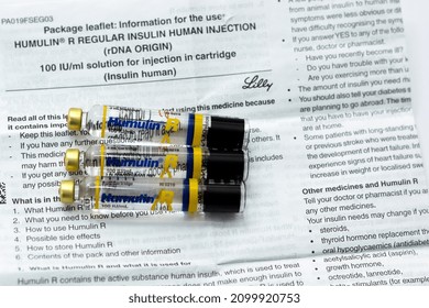 Cairo, Egypt, January 2 2022, Humulin R Human Insulin RDNA 100 IU Solution For Subcutaneous Or Intravenous Injection In Cartridge Used In Diabetic Patients, Regular Insulin (human Recombinant)