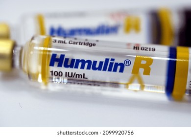 Cairo, Egypt, January 2 2022, Humulin R Human Insulin RDNA 100 IU Solution For Subcutaneous Or Intravenous Injection In Cartridge Used In Diabetic Patients, Regular Insulin (human Recombinant)