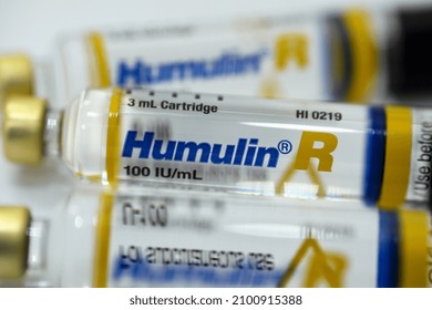 Cairo, Egypt, January 2 2022, Humulin R Human Insulin RDNA 100 IU Solution For Subcutaneous Or Intravenous Injection In Cartridge Used In Diabetic Patients, Regular Insulin (human Recombinant)