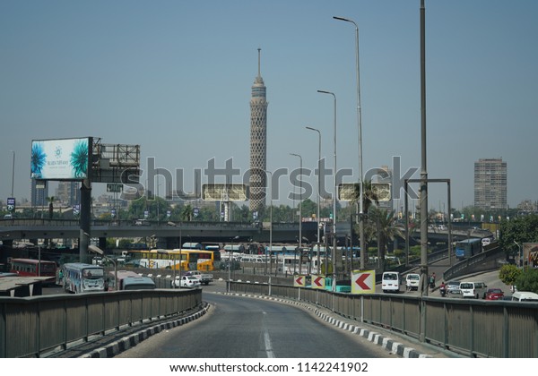 Cairo, Egypt July 23, 2018 Egyptian\
highway road with heavy vehicular traffic on\
midday