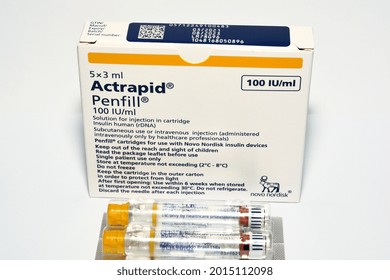 Cairo, Egypt, July 25 2021, Actrapid Human Insulin RDNA Penfill 100 IU Solution For Subcutaneous Or Intravenous Injection In Cartridge For Use With Novo Nordisk Devices Used In Diabetic Patients