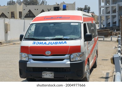 Cairo, Egypt, July 7 2021: An Equipped Ambulance Car Ready To Deal With  Emergency Cases Amid Coronavirus Covid-19 Pandemic With Its Medical Team That Is Ready To Deal With Any Emergency Case On Call