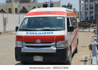 Cairo, Egypt, July 7 2021: An Equipped Ambulance Car Ready To Deal With  Emergency Cases Amid Coronavirus Covid-19 Pandemic With Its Medical Team That Is Ready To Deal With Any Emergency Case On Call