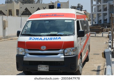 Cairo, Egypt, July 7 2021: An Equipped Ambulance Car Ready To Deal With  Emergency Cases Amid Coronavirus Covid-19 Pandemic With Its Medical Team That Is Ready To Deal With Any Emergency Case On Call