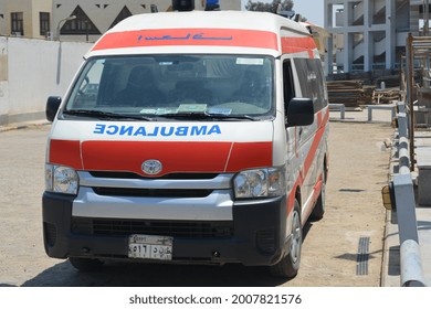 Cairo, Egypt, July 7 2021: An Equipped Ambulance Car Ready To Deal With  Emergency Cases Amid Coronavirus Covid-19 Pandemic With Its Medical Team That Is Ready To Deal With Any Emergency Case On Call