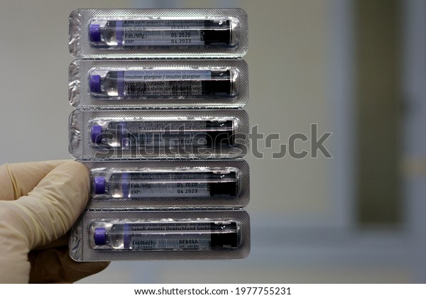 Cairo, Egypt, May 17 2021. Lantus (insulin glargine injection) 100 Units cartridge is indicated in the treatment of both type 1 and type 2 diabetes mellitus by Sanofi Aventis multinational Company