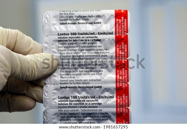 Cairo, Egypt, May 17 2021. Lantus (insulin glargine injection) 100 Units cartridge is indicated in the treatment of both type 1 and type 2 diabetes mellitus by Sanofi Aventis multinational Company