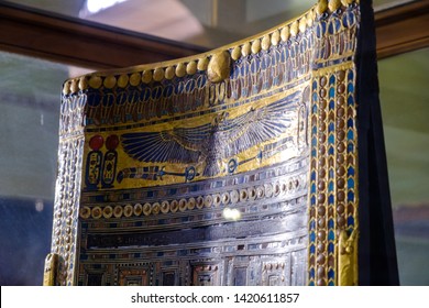 Cairo / Egypt - May 25th 2019: Ceremonial Chair Of Tutankhamun Displayed In The Museum Of Egyptian Antiquities (Egyptian Museum) In Cairo, Capital Of Egypt