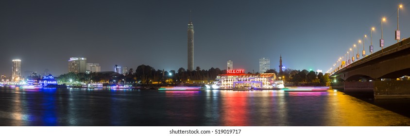 Cairo, Egypt - November 17, 2016: Panoramic view of the 6th October bridge, the Nile river and the Island of Zamalek in central Cairo at night.