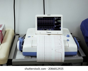 Cairo, Egypt, November 21 2021: Cardiotocography device placed on mother's abdomen recording the fetal heart rate obtained via ultrasound transducer, CTG is used to assess fetal well-being