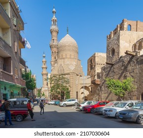 Cairo, Egypt - November 27 2021: Facade of Mosque of Prince Aq Sunqur, aka Blue Mosque, Bab El Wazir district, Old Cairo