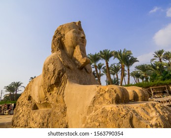 Cairo, Egypt - October 30, 2019: View Of The Sphinx Of Memphis In The Mit Rahina Museum. 